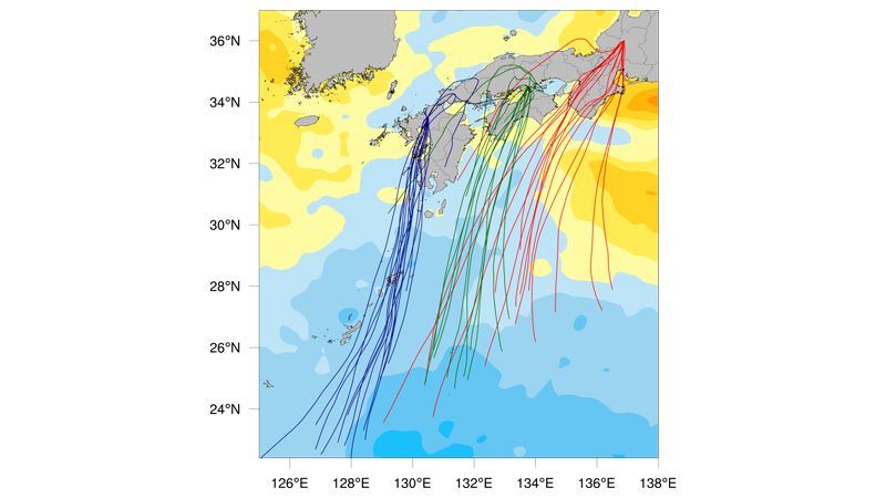 24-hour trajectories of air parcel into heavy precipitation areas and sea surface temperature anomaly in July 2018