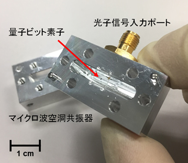 超伝導量子ビット素子とマイクロ波空洞共振器を結合したシステムの写真