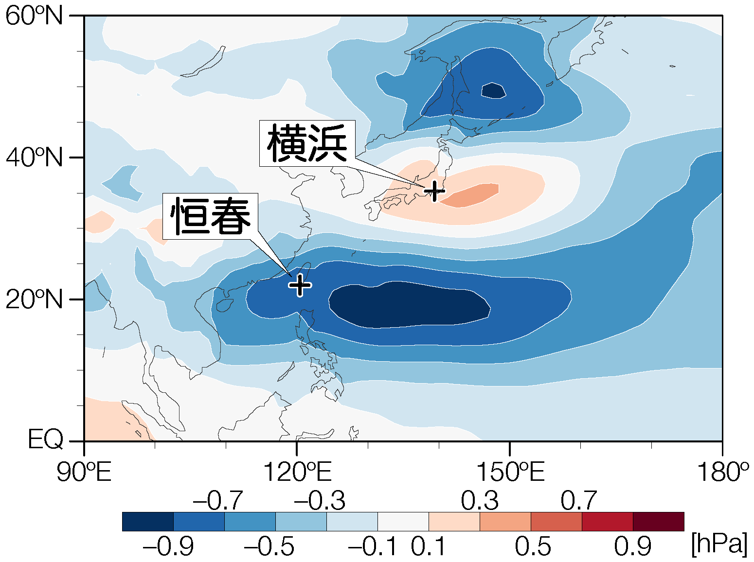 図1 台湾の恒春、日本の横浜を図示