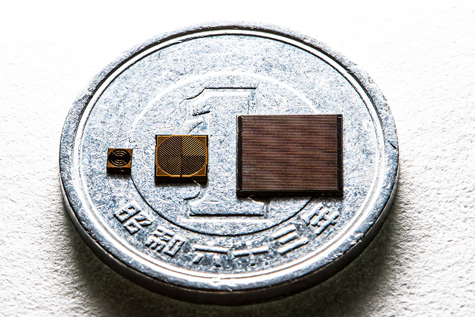 サイズと電極のデザインが異なる太陽電池。いずれも1円玉よりもはるかに小さい