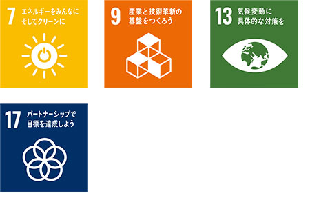 SDGsアイコン画像_NO.7_エネルギーをみんなにそしてクリーンに No.9_産業と技術革新の基盤をつくろう No.13_気候変動に具体的な対策を No.17_パートナーシップで目標を達成しよう