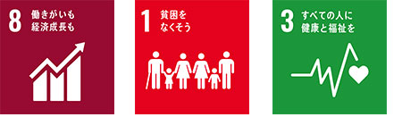 SDGsアイコン画像_NO.8_働きがいも経済成長も No.1_貧困をなくそう No.3_すべての人に健康と福祉を No.17_パートナーシップで目標を達成しよう