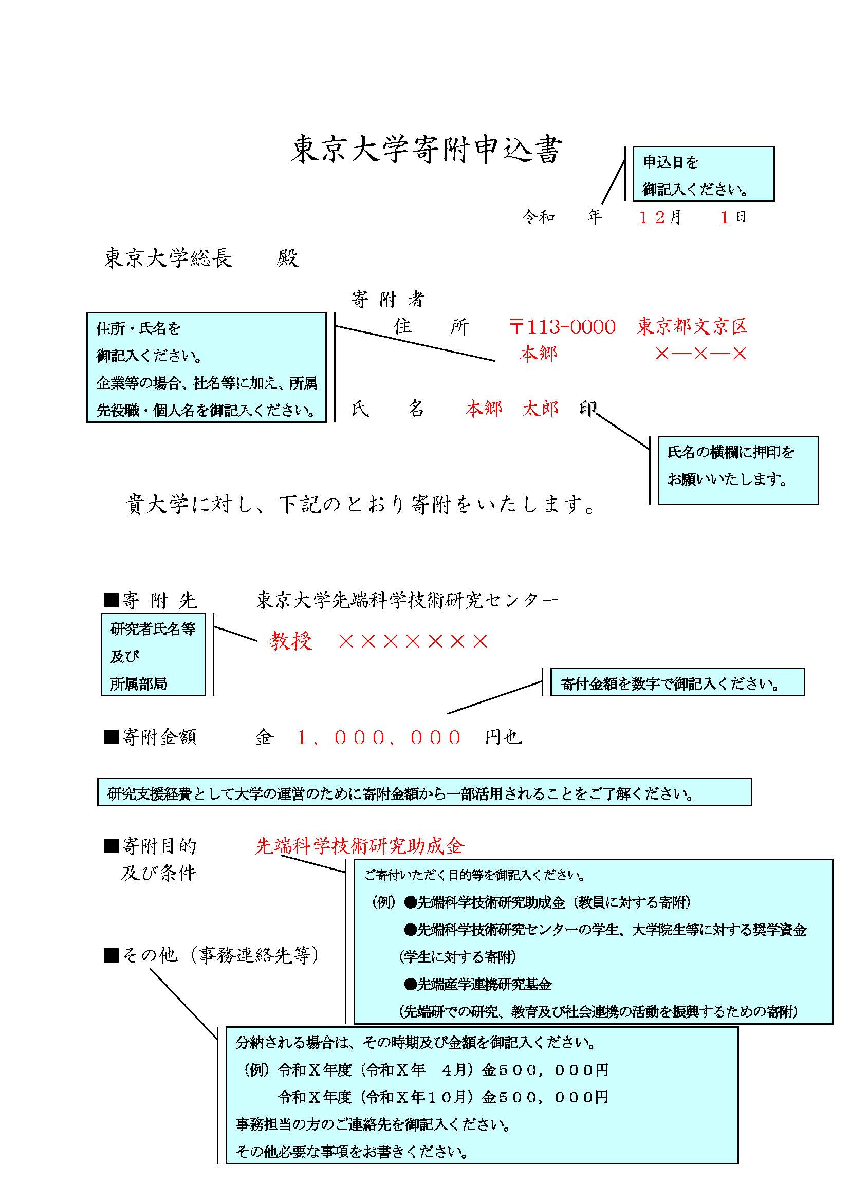 寄附申込書記載例