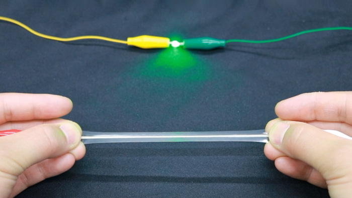 A printable stretchable conductor. The material demonstrates high conductivity even when stretched to five times its original length.