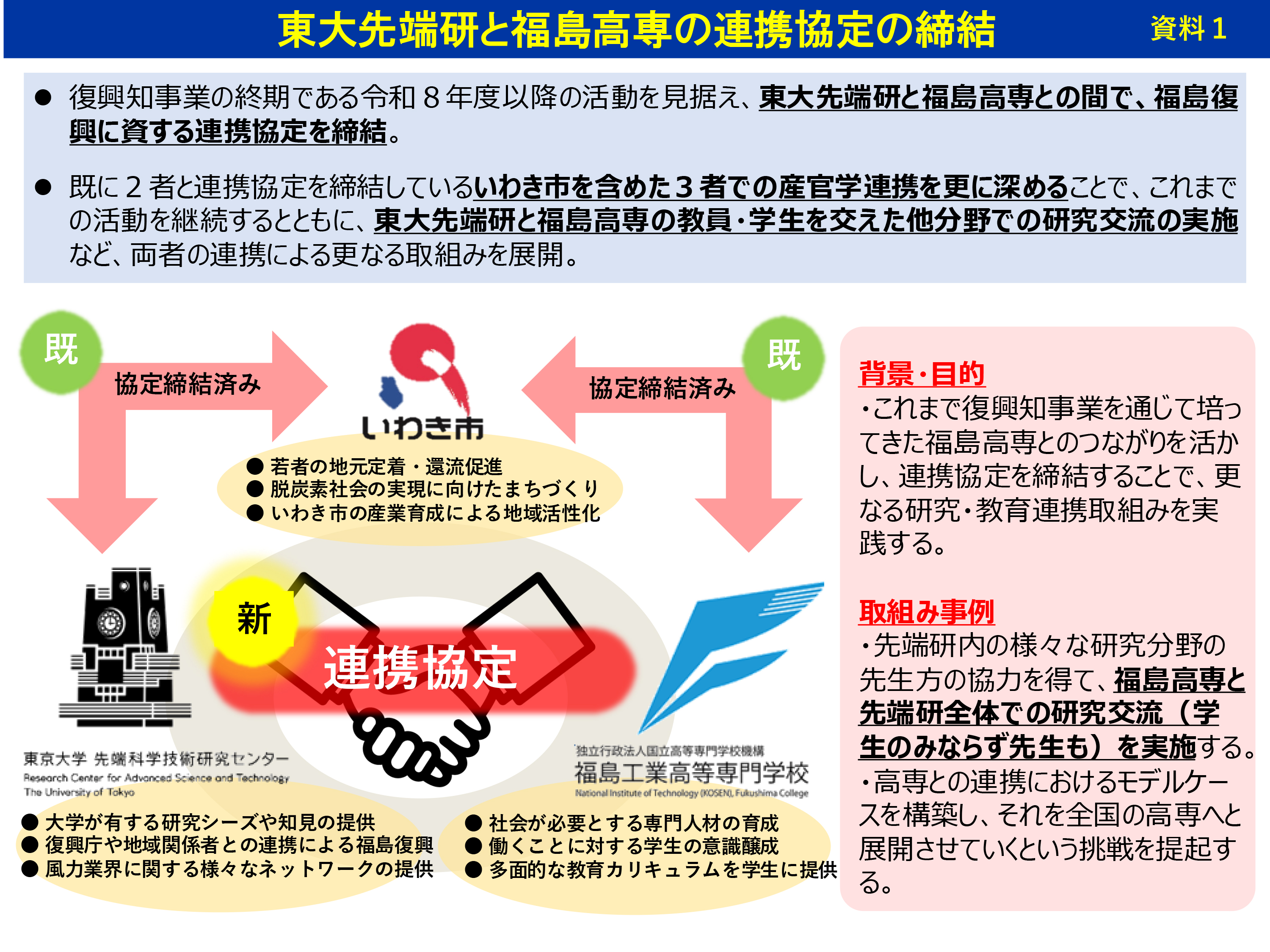 東大先端研と福島高専の連携協定の締結