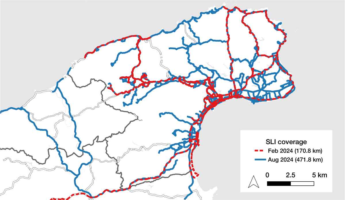 図2: 石川県珠洲市におけるストリートビュー画像の撮影範囲(赤:2024 年2 月、青:2024 年8 月)