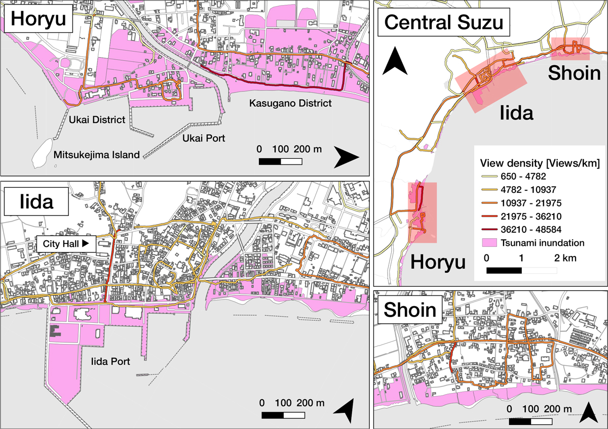 図3:ストリートビュー画像の閲覧線密度は人口のほか報道が集中した地域でも相対的に高くなる傾向が見 られました(道路の赤線部分)